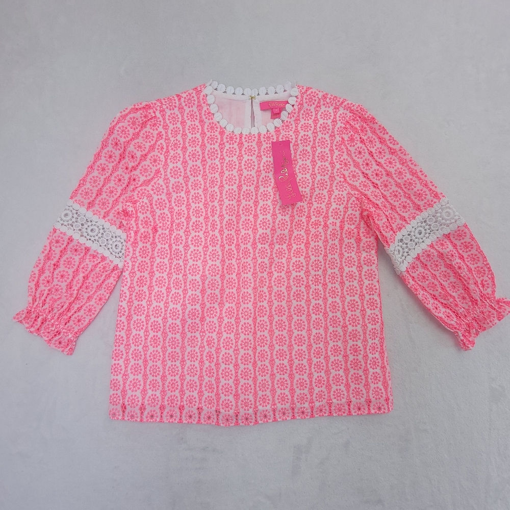 Lilly Pulitzer Jourdana Starburst EYELET Pink/White Blouse Women's Size 0 NWT
